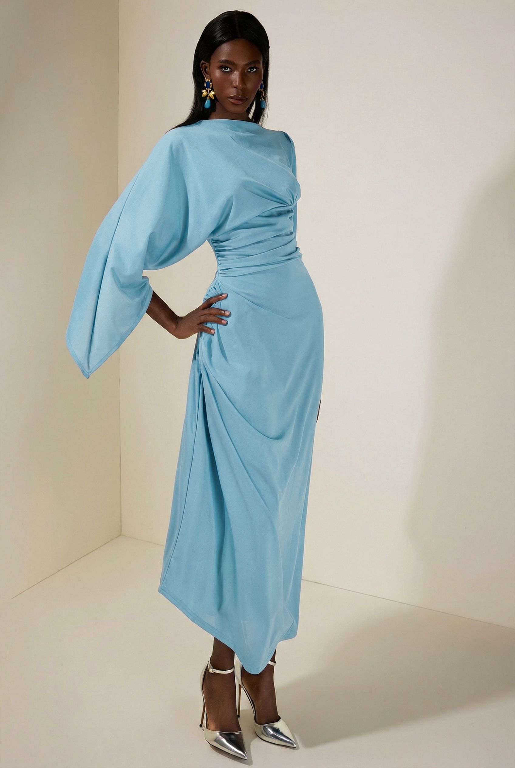 Jersey Gathering Cape Sleeve Maxi Dress