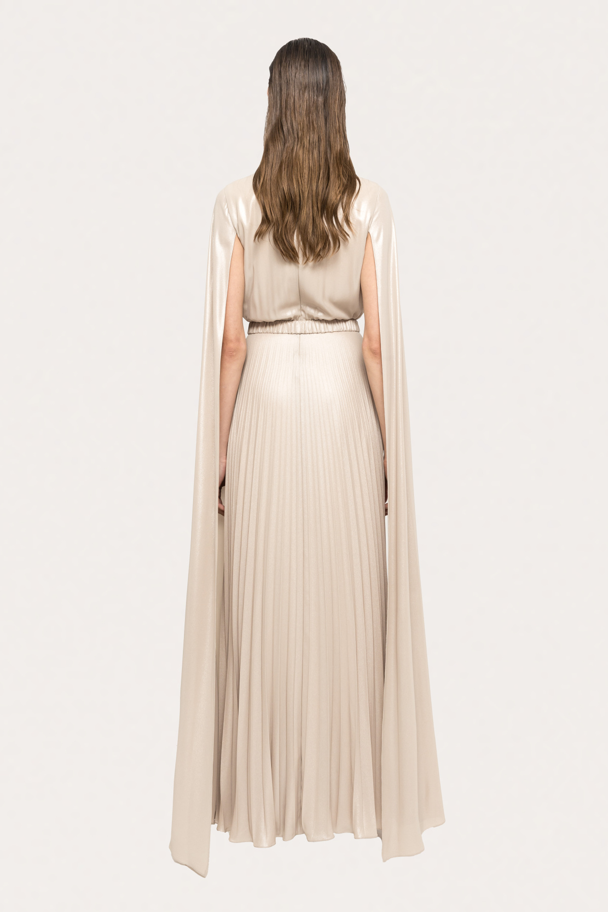 Satin Pleated Cape Sleeve Maxi Dress With Belt