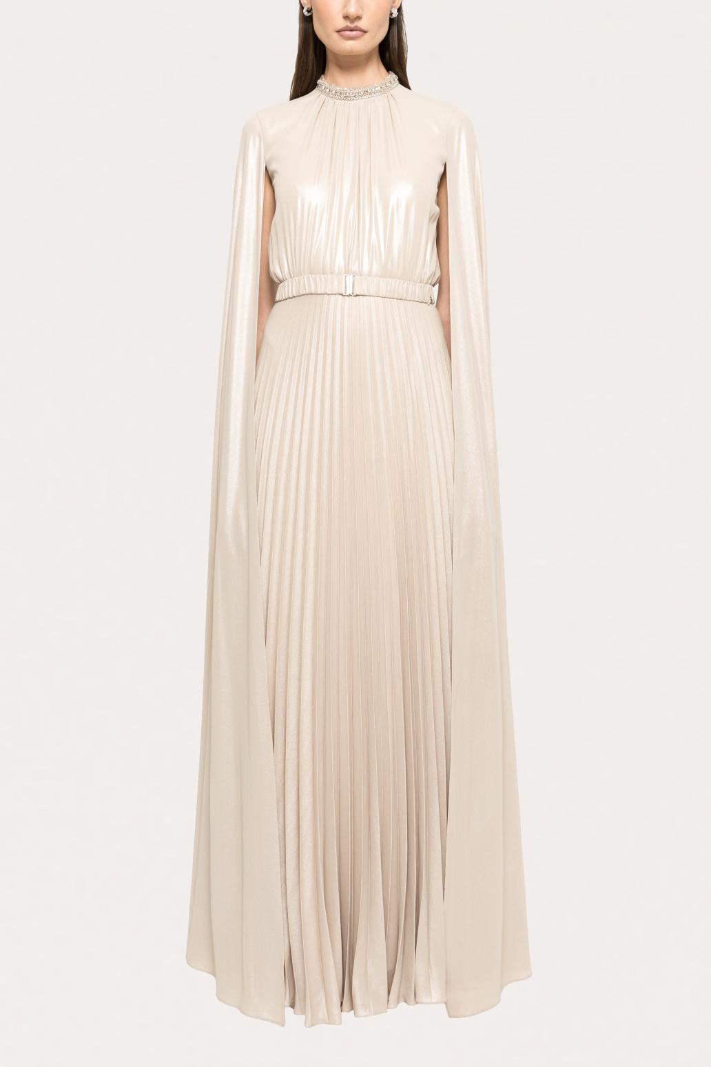 Satin Pleated Cape Sleeve Maxi Dress With Belt