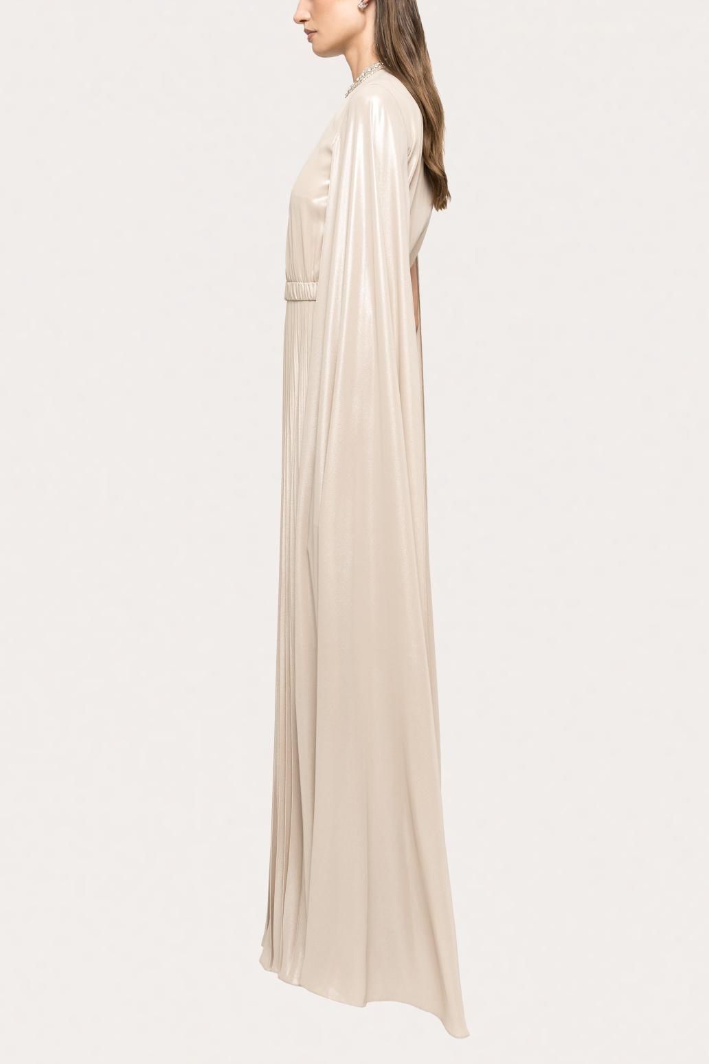 Satin Pleated Cape Sleeve Maxi Dress With Belt