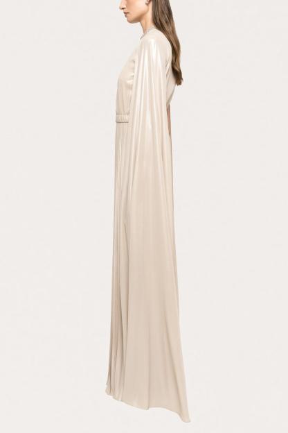 Satin Pleated Cape Sleeve Maxi Dress With Belt