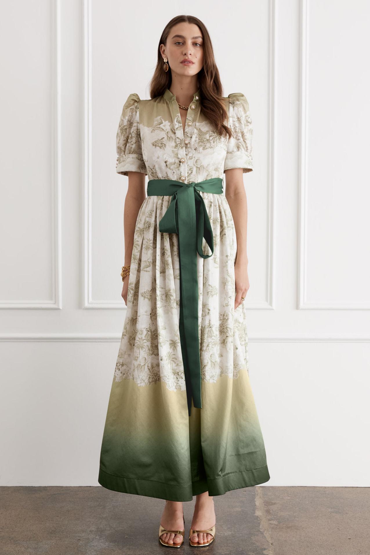 Botanical Print Single Breasted Maxi Dress With Belt