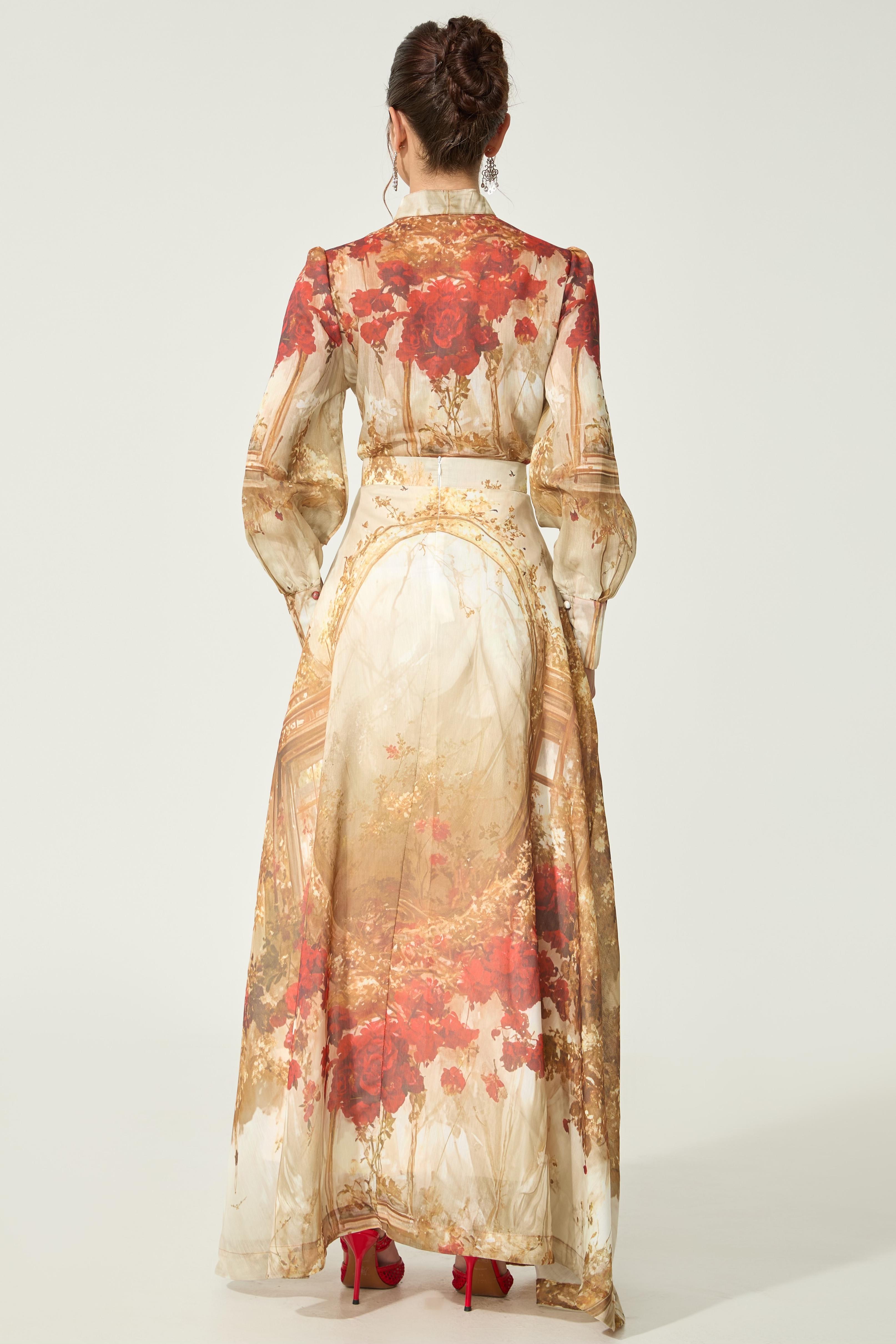 Palace Print Faux Pearl Top & Maxi Skirt Set