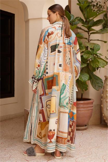 Abstract Print Single Breasted Stand Collar Midi Dress