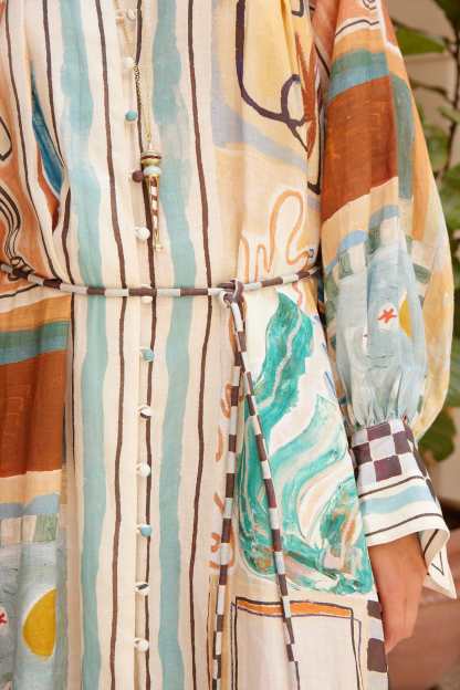 Abstract Print Single Breasted Stand Collar Midi Dress