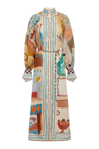 Abstract Print Single Breasted Stand Collar Midi Dress