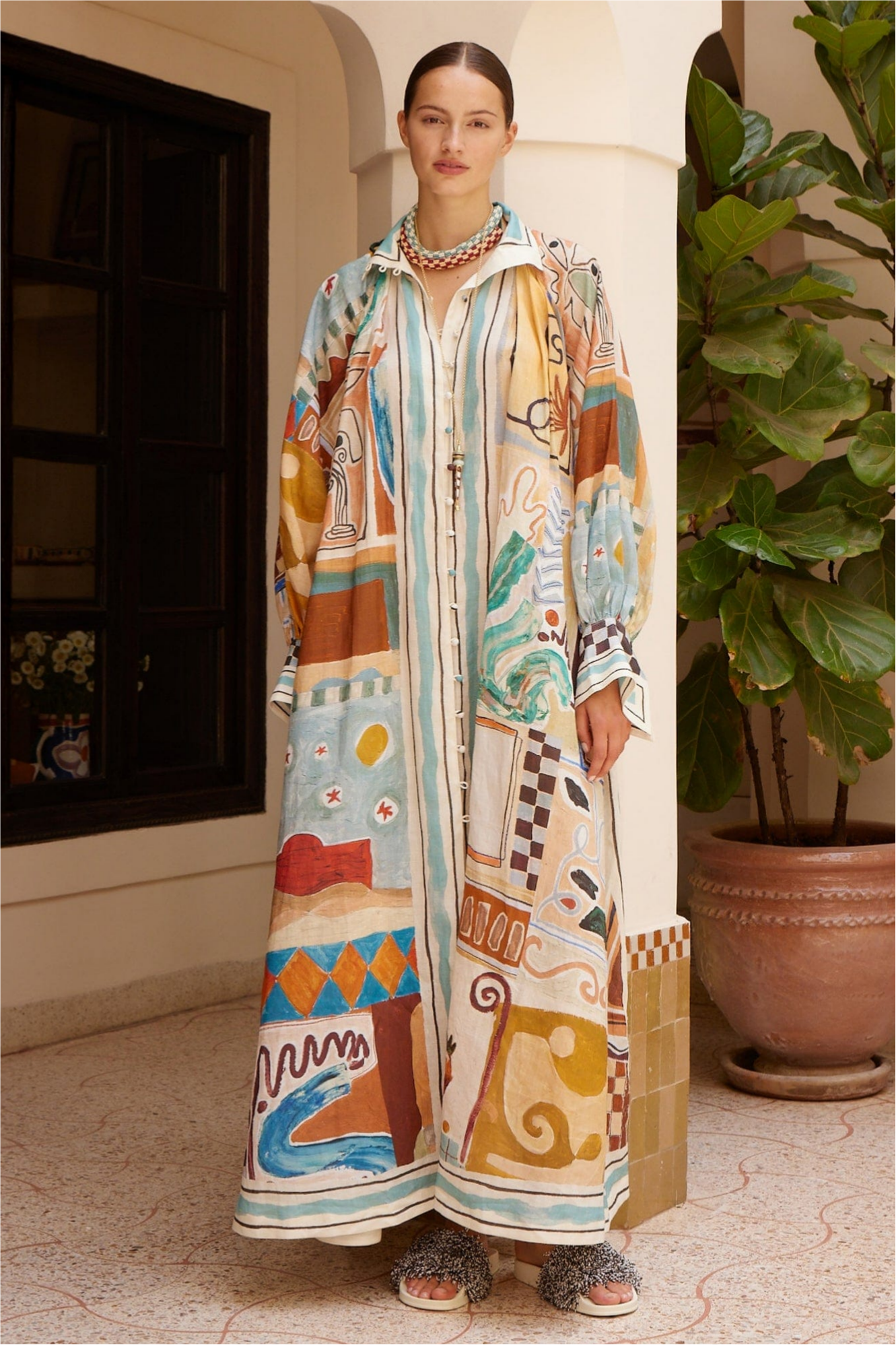 Abstract Print Single Breasted Stand Collar Midi Dress