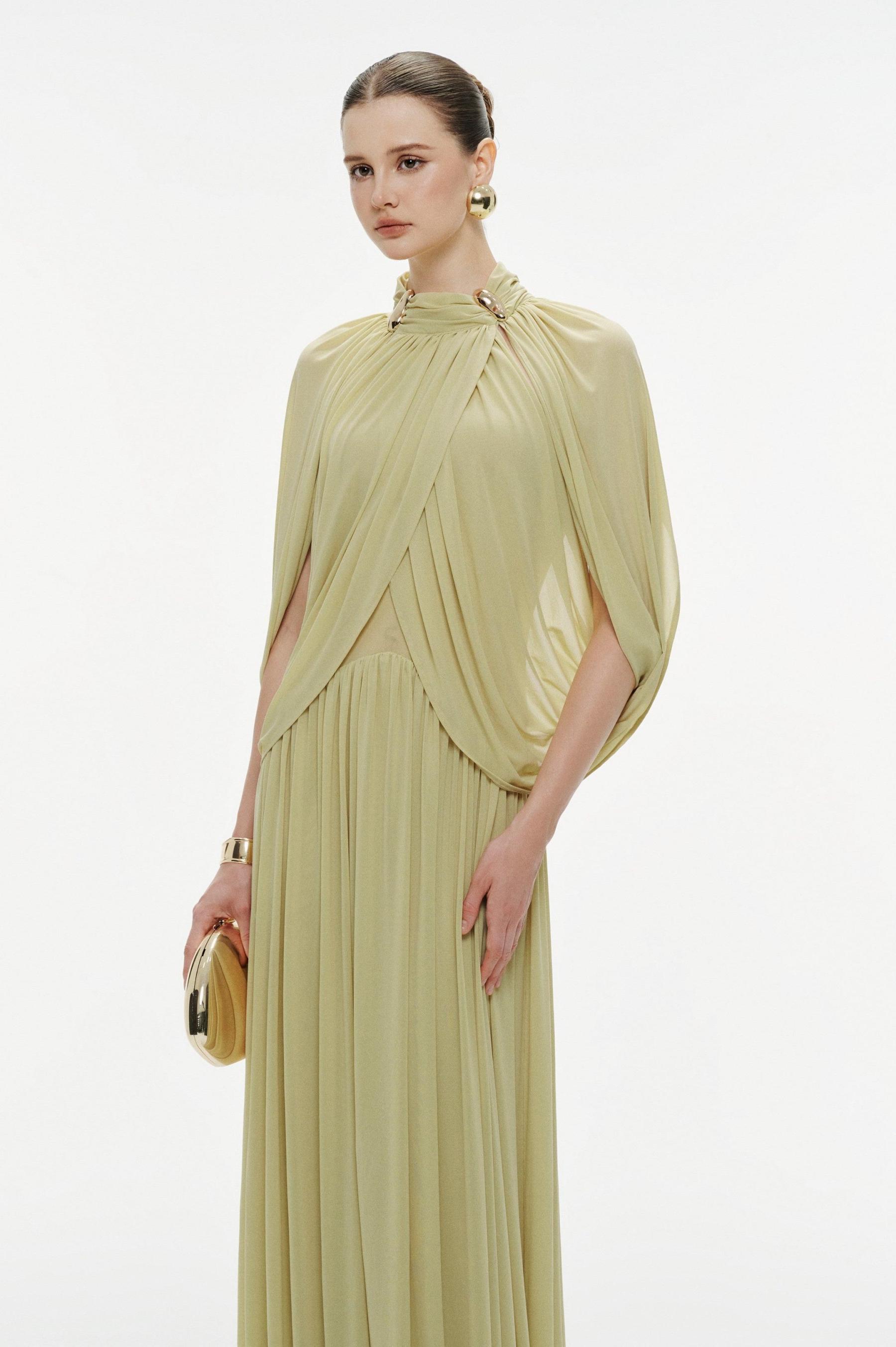 Jersey Metal Decorations Cape Sleeve Maxi Dress