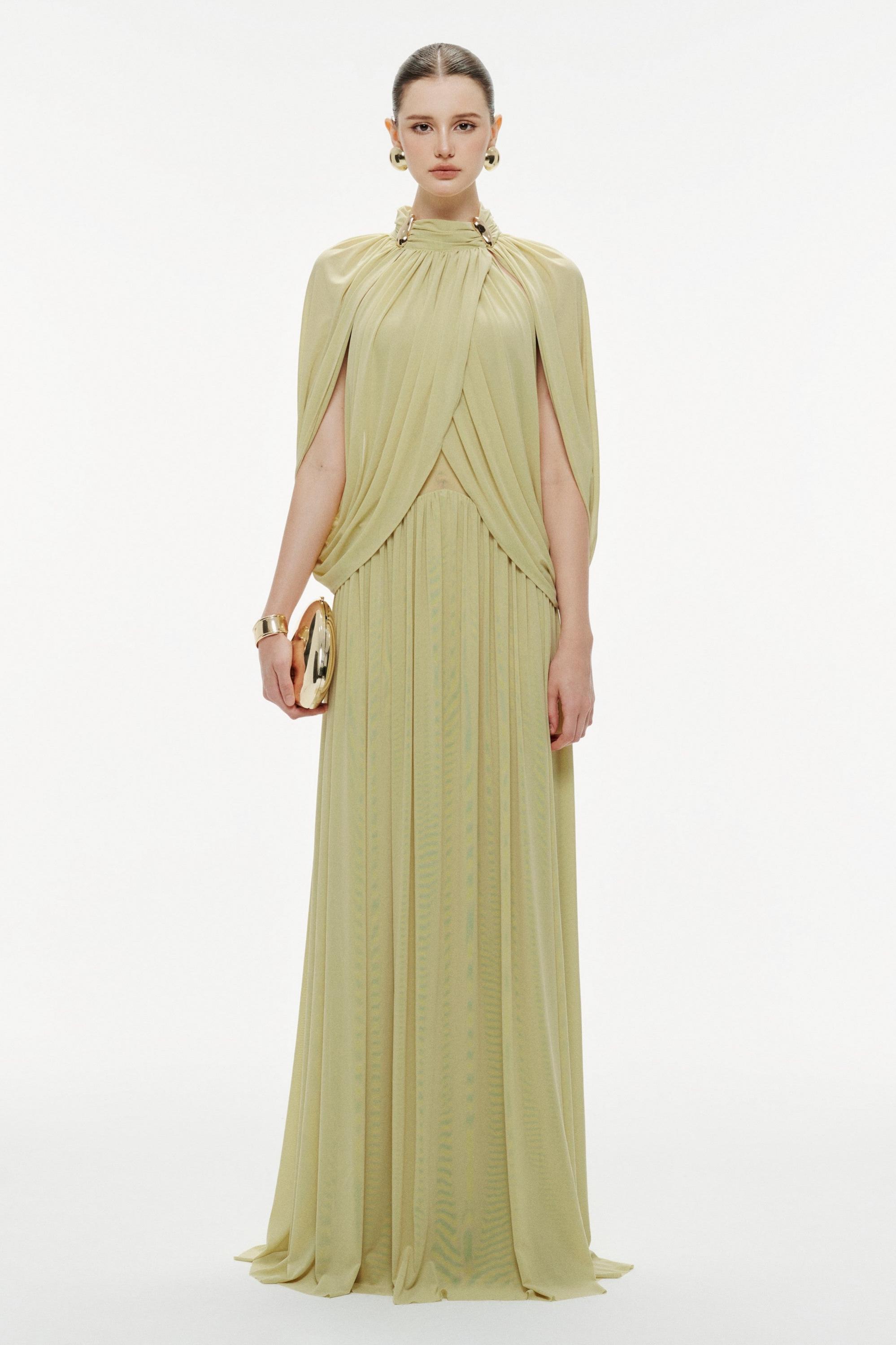 Jersey Metal Decorations Cape Sleeve Maxi Dress