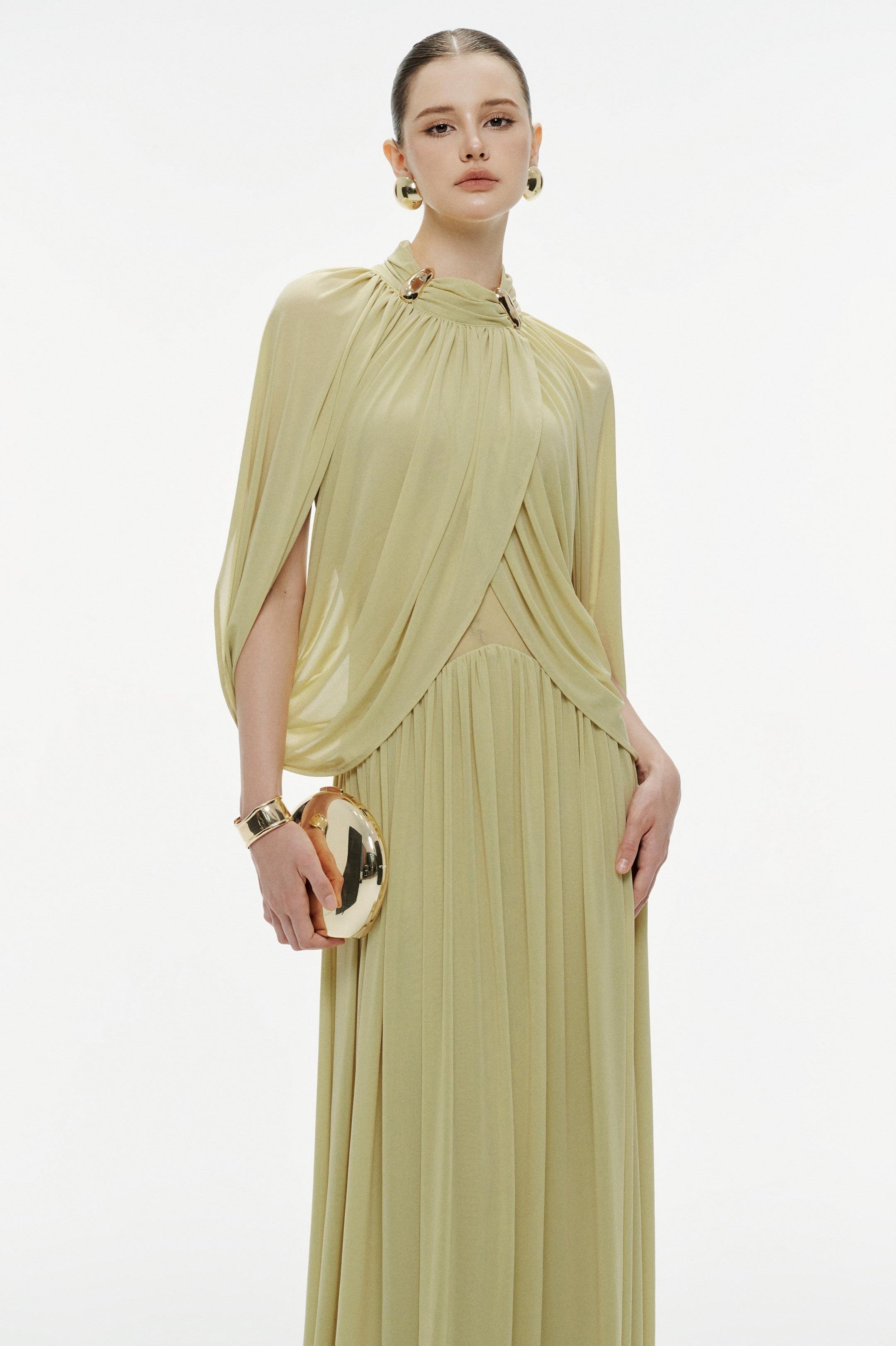 Jersey Metal Decorations Cape Sleeve Maxi Dress