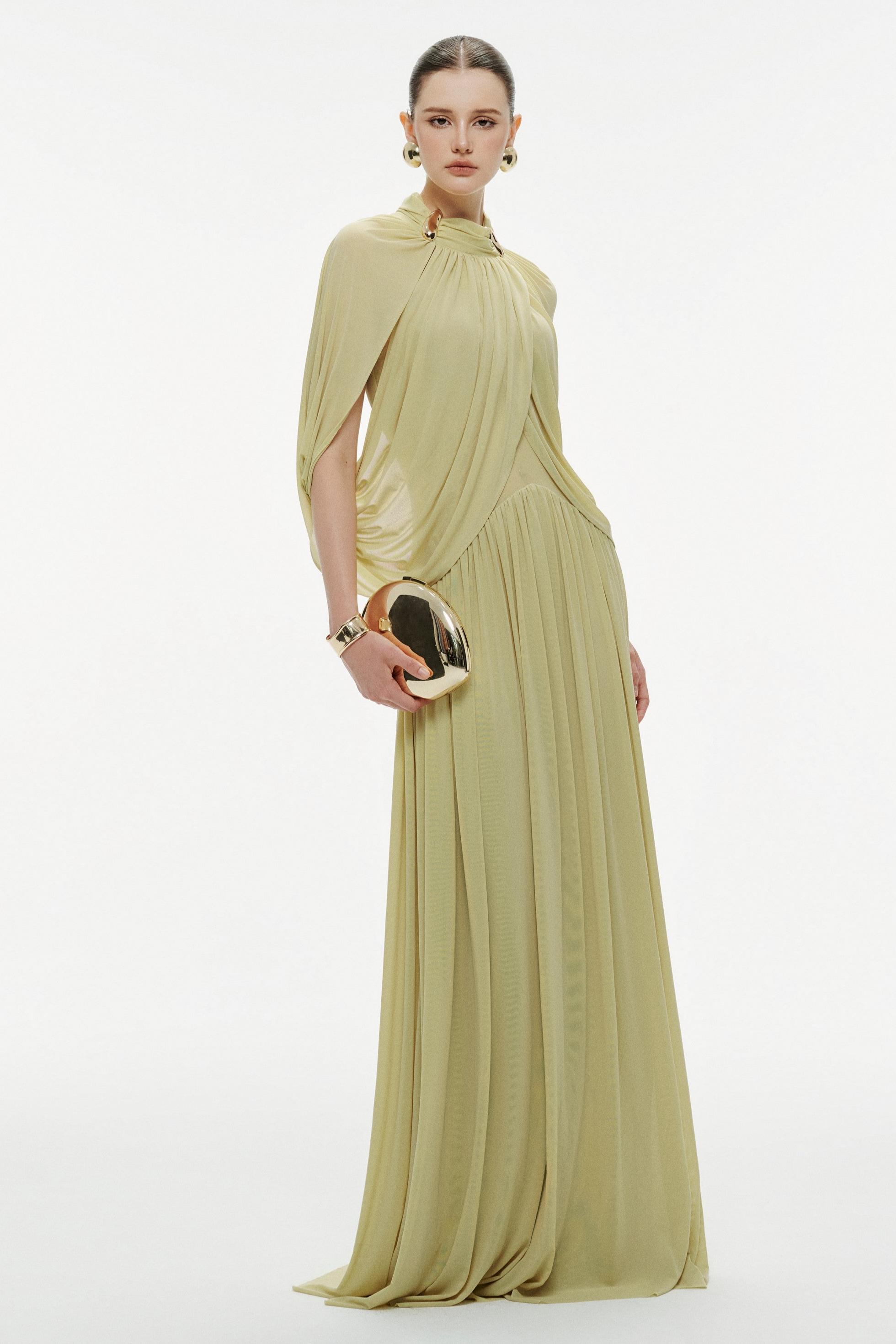 Jersey Metal Decorations Cape Sleeve Maxi Dress