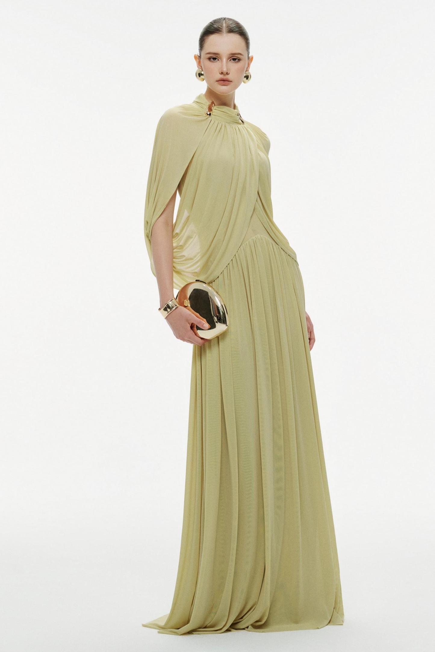 Jersey Metal Decorations Cape Sleeve Maxi Dress