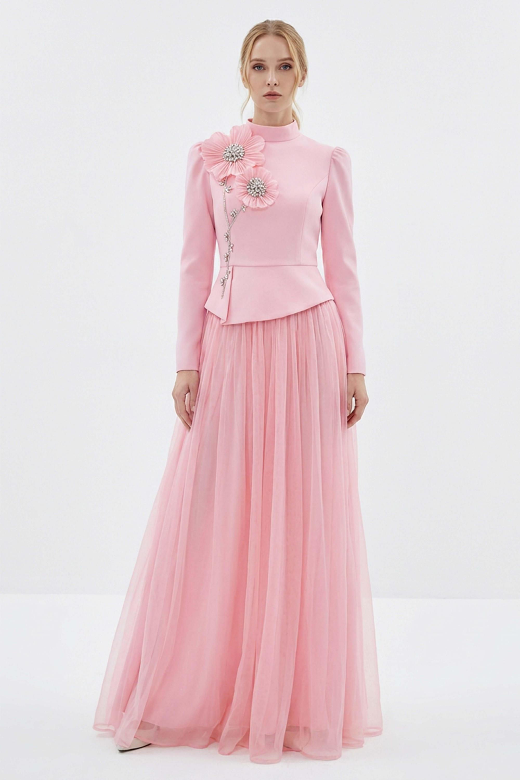 3D Flower Rhinestone Rivets Top & Hight Waist Midi Skirt Set