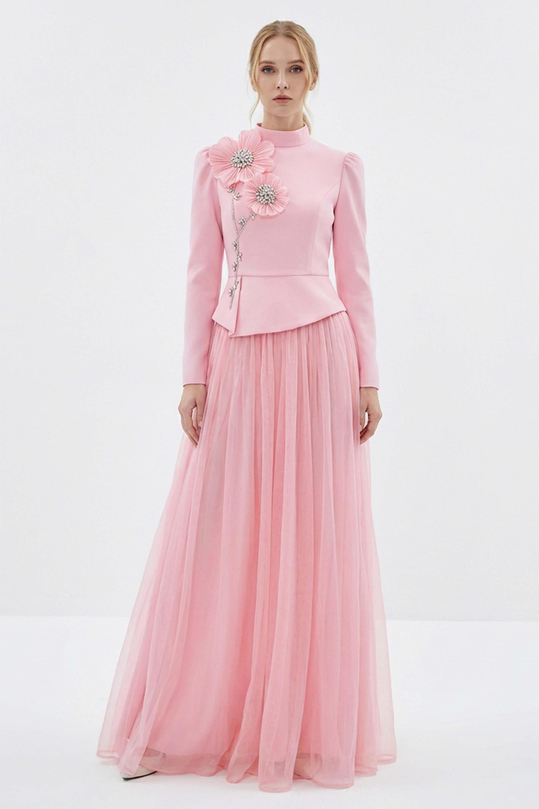 3D Flower Rhinestone Rivets Top & Hight Waist Midi Skirt Set