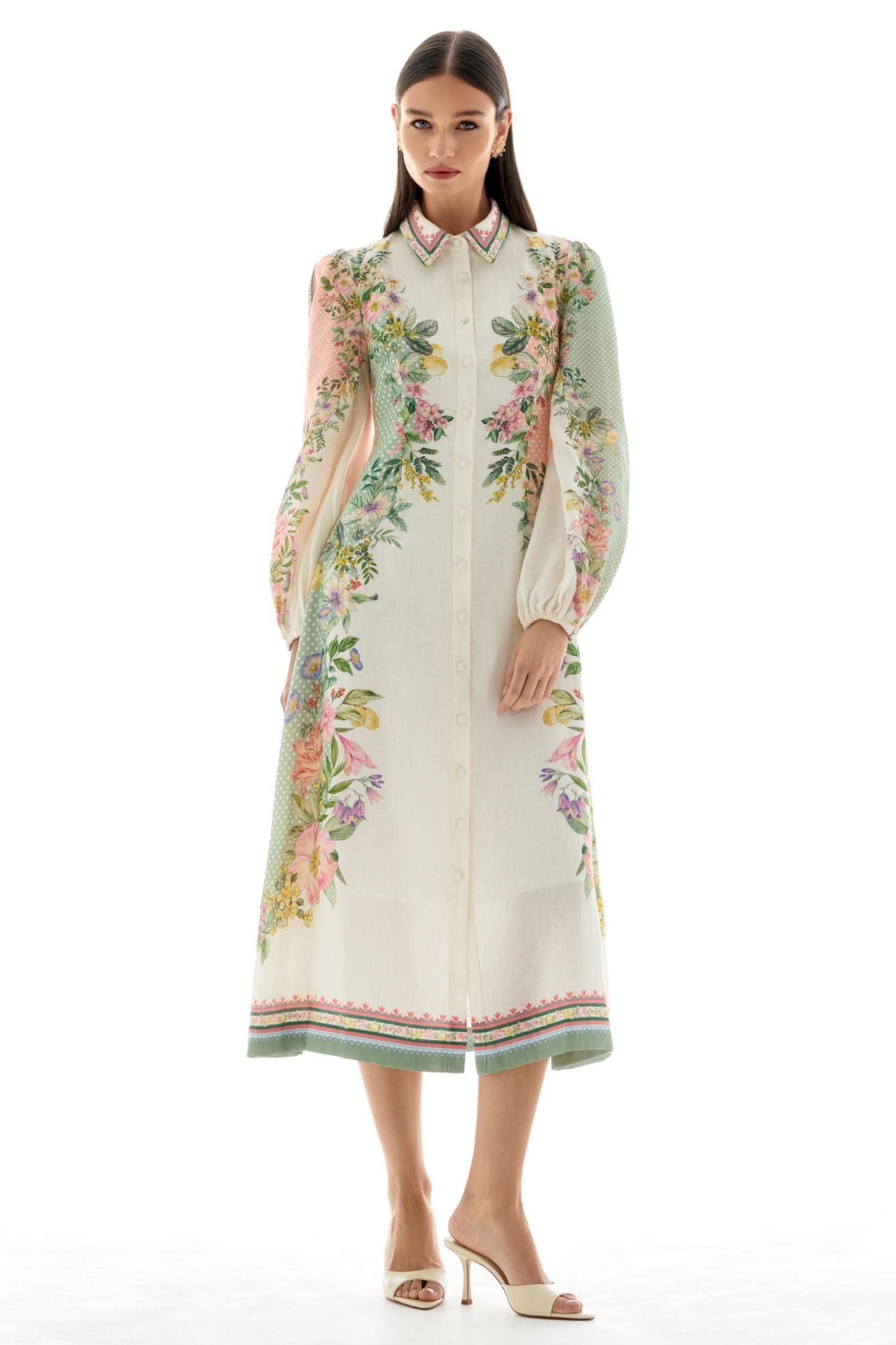 Floral Flapped Single Breasted Midi Dress