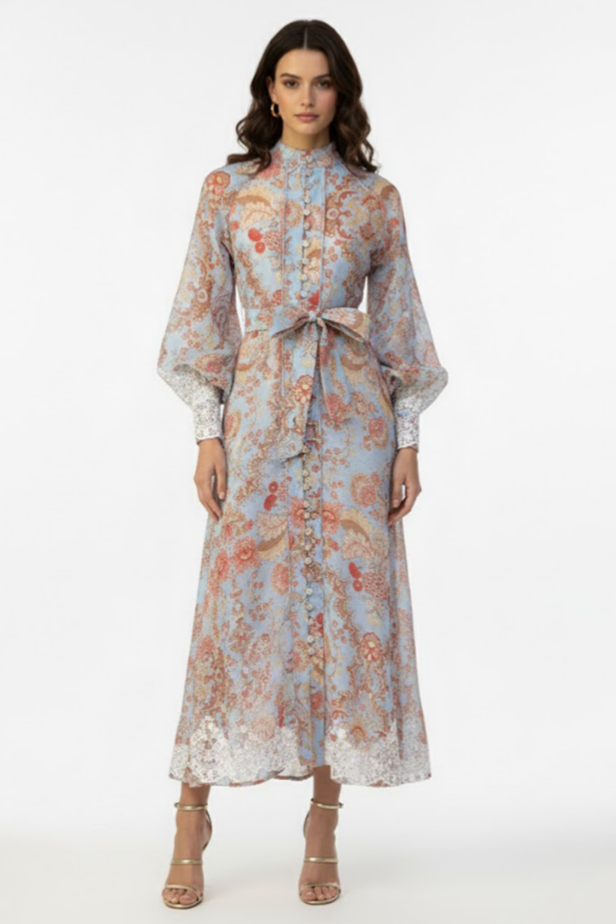 Paisley Print Lace Single Breasted Midi Dress