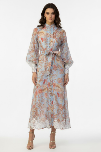 Paisley Print Lace Single Breasted Midi Dress