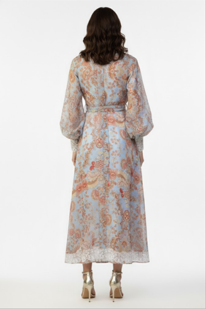 Paisley Print Lace Single Breasted Midi Dress