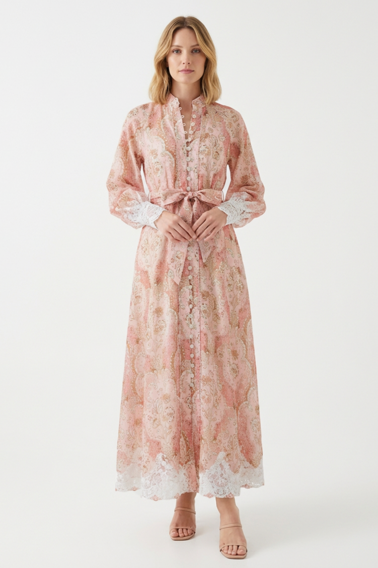 Paisley Print Lace Single Breasted Midi Dress