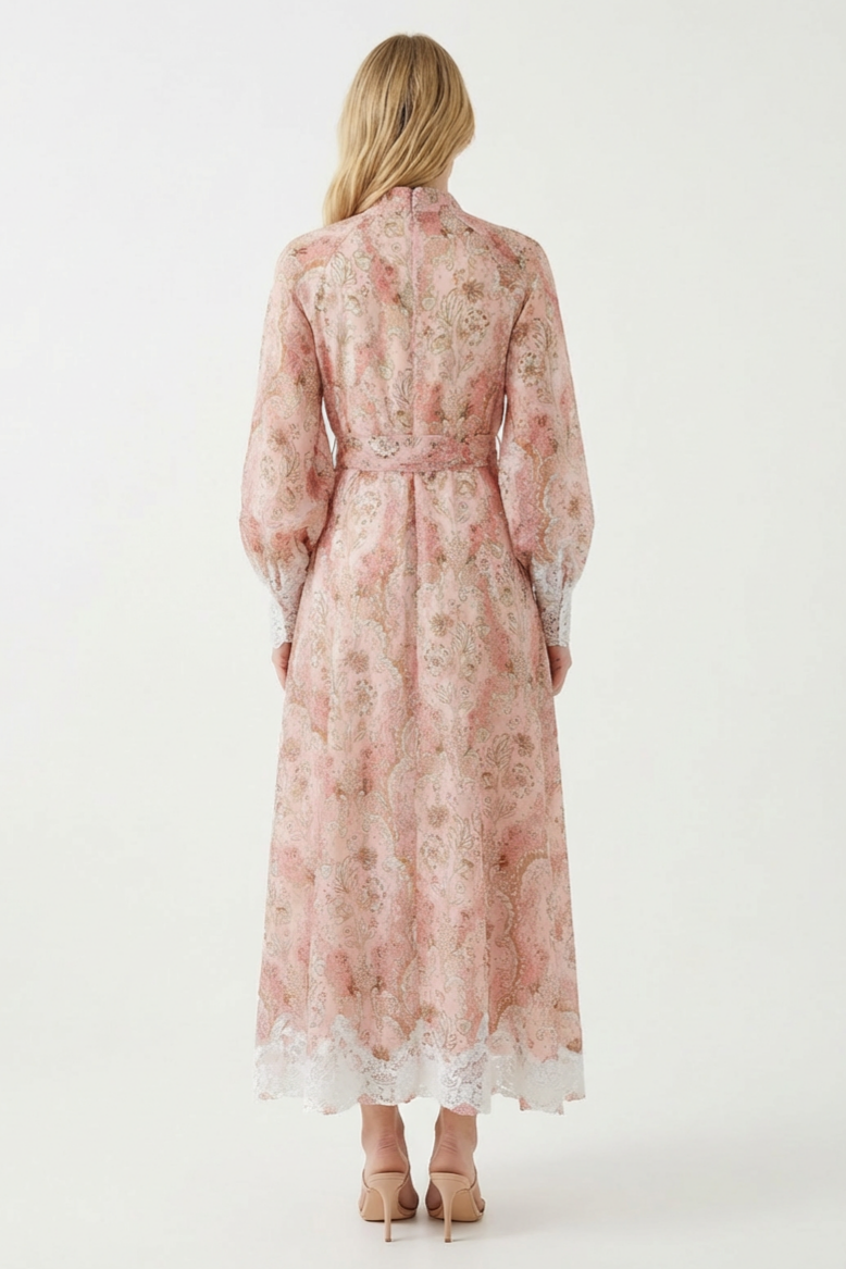 Paisley Print Lace Single Breasted Midi Dress