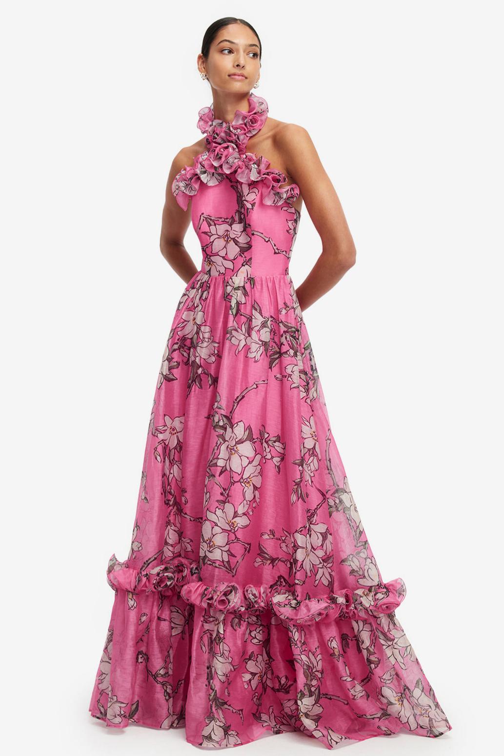 Floral Frill Halter Neck Maxi Dress