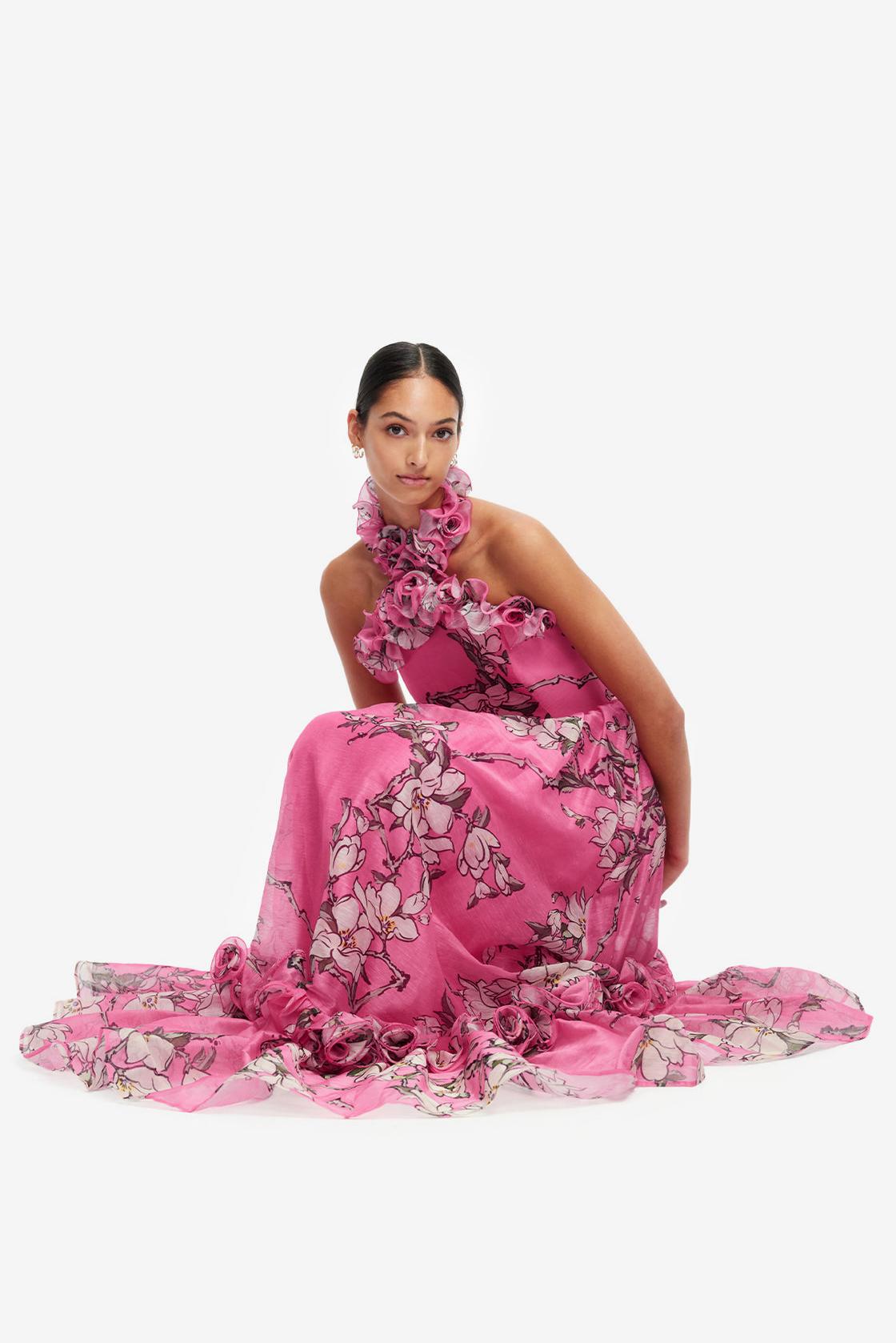 Floral Frill Halter Neck Maxi Dress