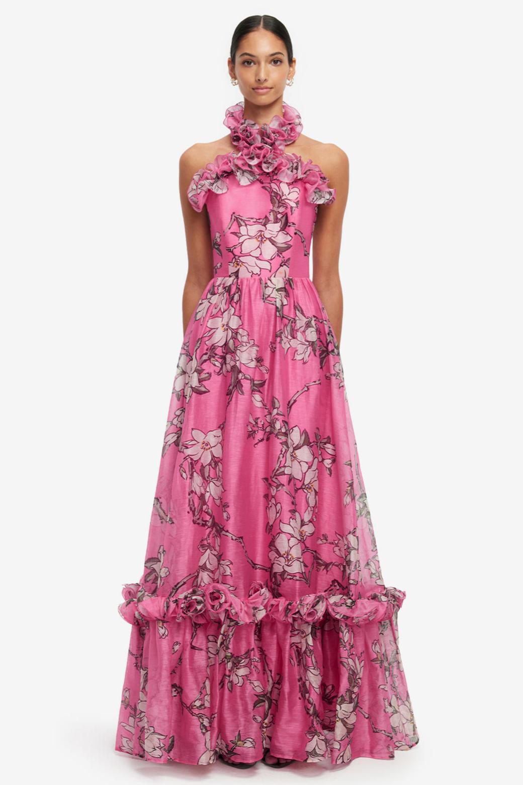 Floral Frill Halter Neck Maxi Dress