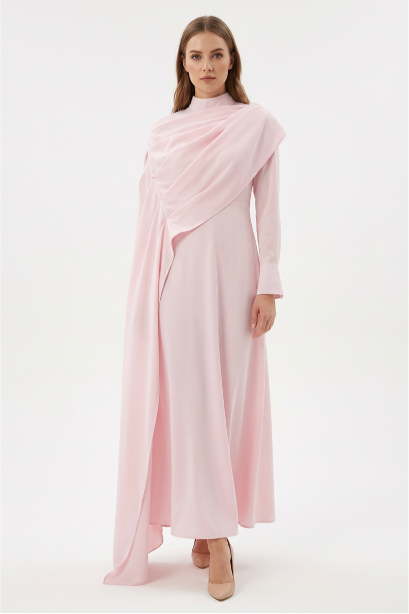 Pleated Stand Collar Long Sleeve Maxi Dress