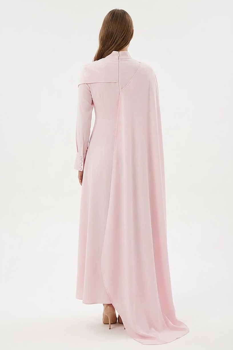 Pleated Stand Collar Long Sleeve Maxi Dress