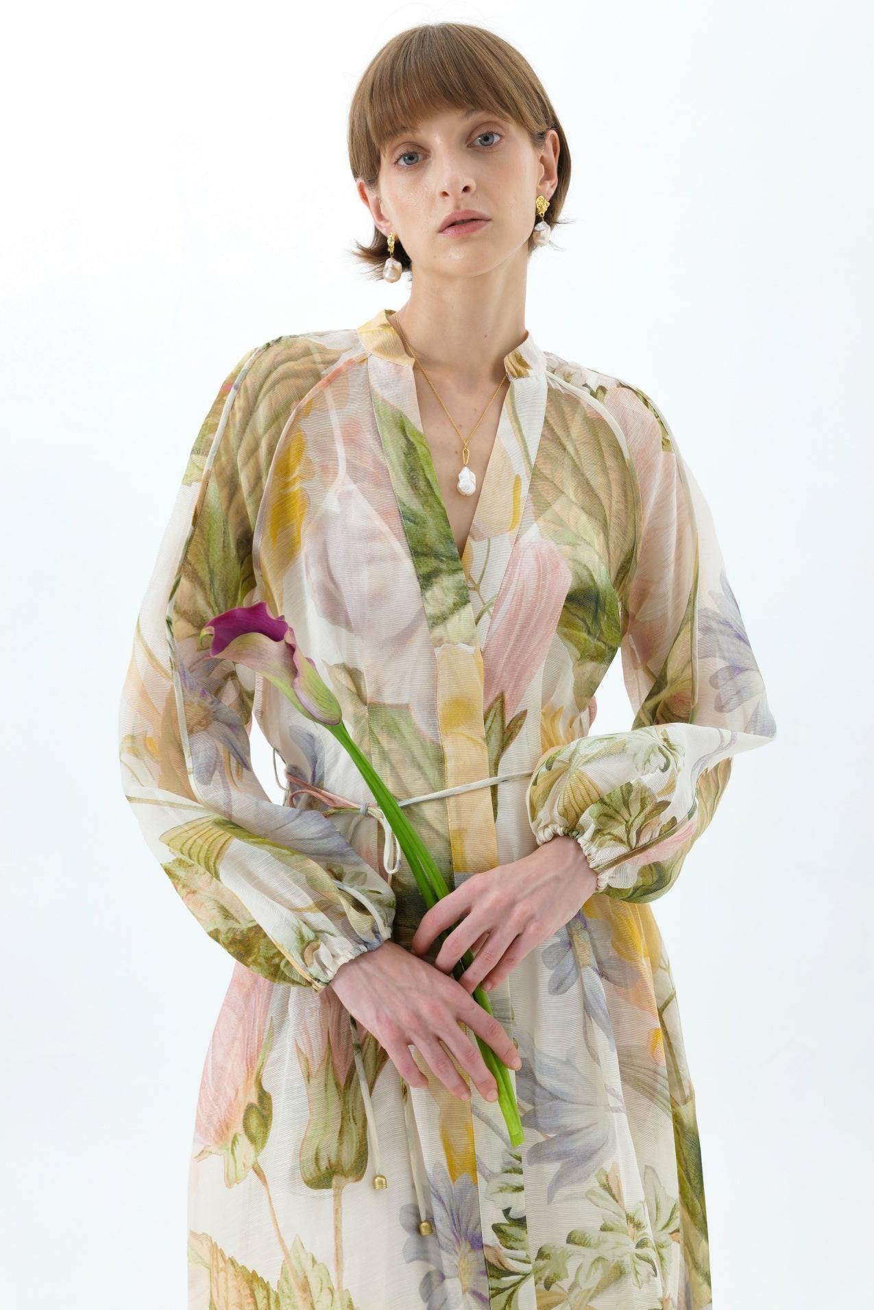 Floral Raglan Sleeve V-Neck Midi Dress