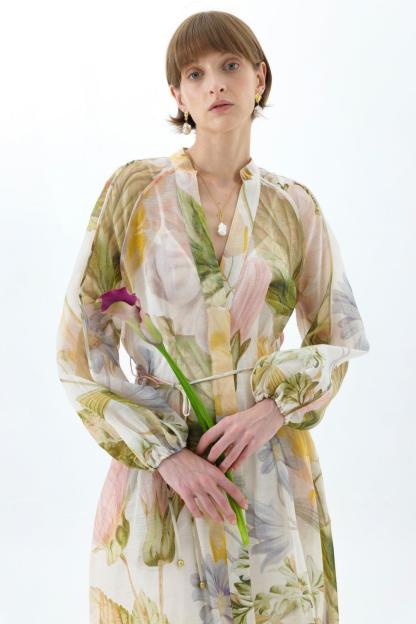 Floral Raglan Sleeve V-Neck Midi Dress