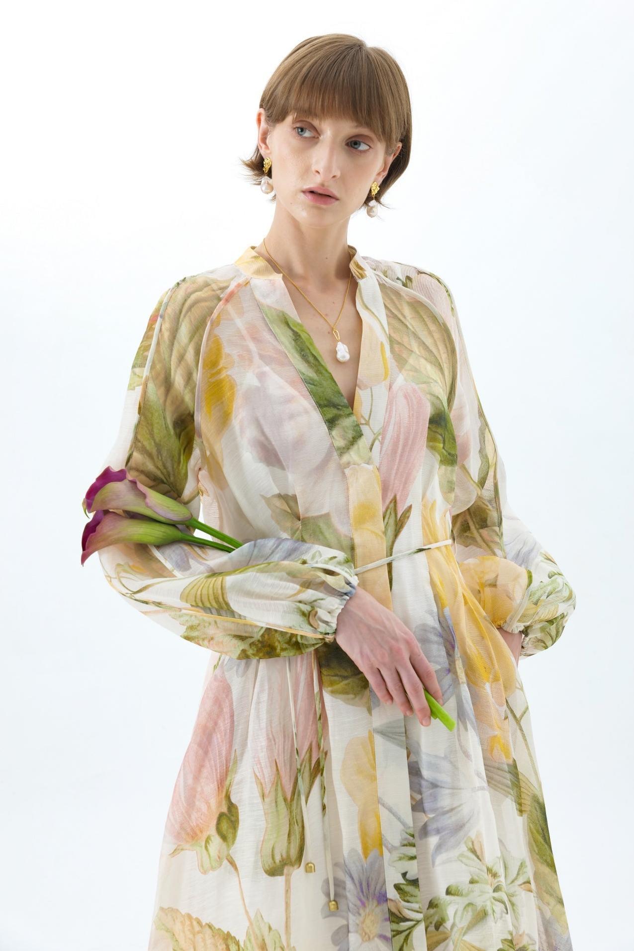 Floral Raglan Sleeve V-Neck Midi Dress