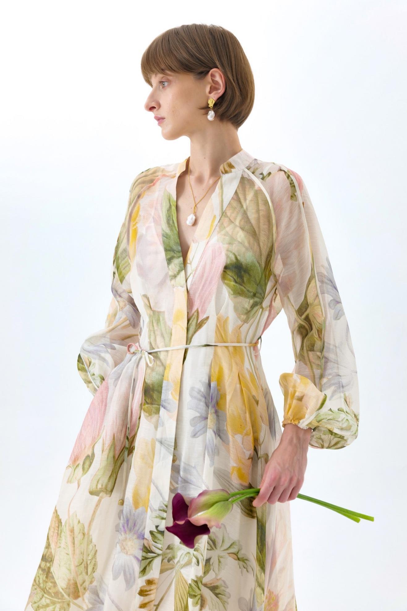 Floral Raglan Sleeve V-Neck Midi Dress