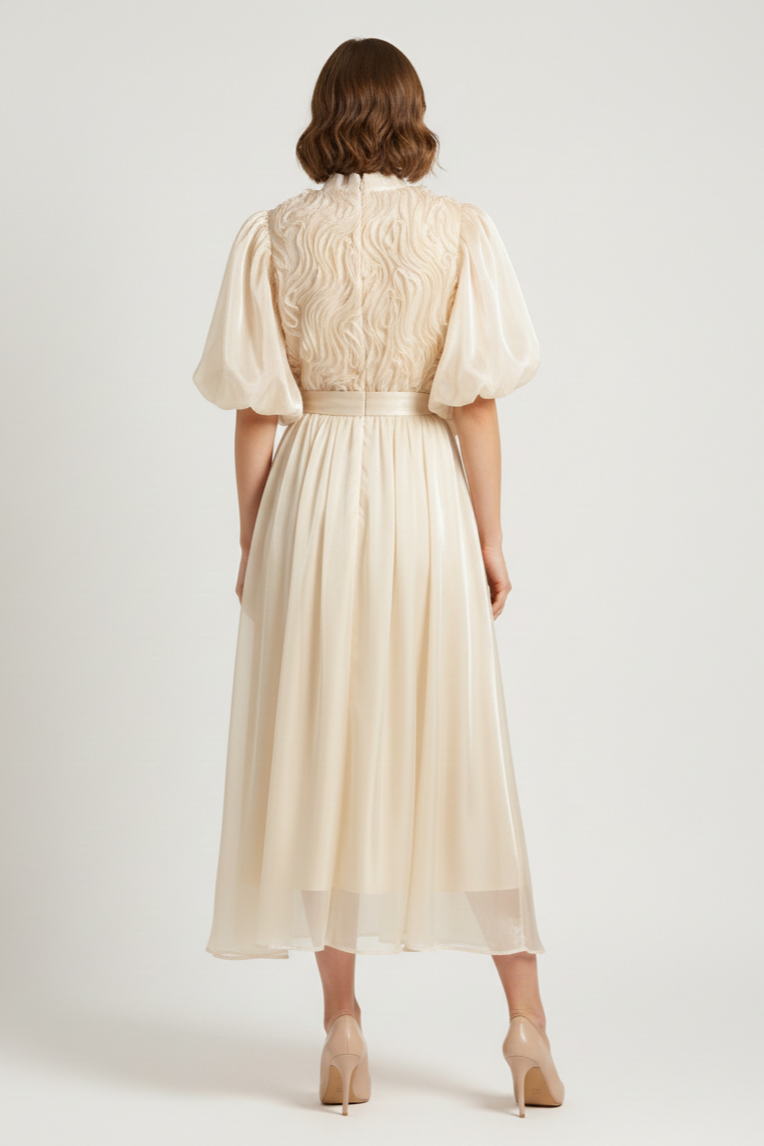 Frill Puff Sleeve Round Neck Midi Dress