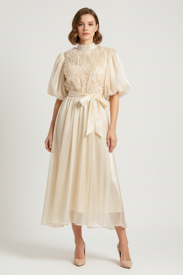 Frill Puff Sleeve Round Neck Midi Dress