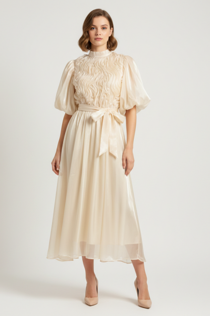 Frill Puff Sleeve Round Neck Midi Dress