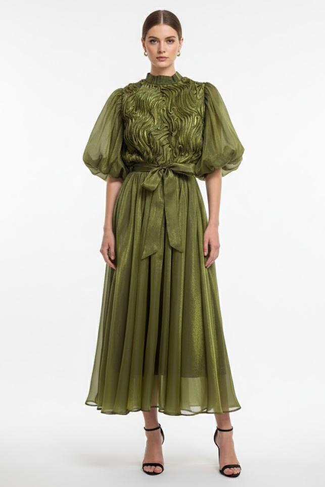 Frill Puff Sleeve Round Neck Midi Dress