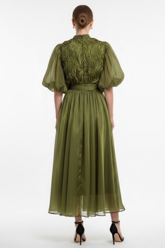 Frill Puff Sleeve Round Neck Midi Dress