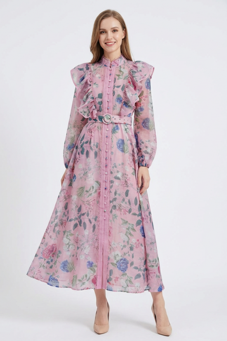 Floral Frill Midi Dress With Belt