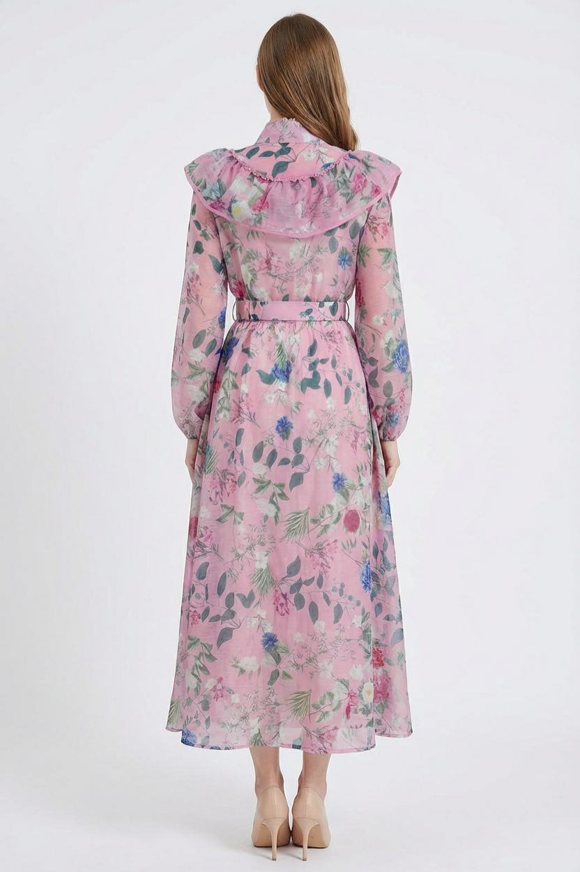 Floral Frill Midi Dress With Belt