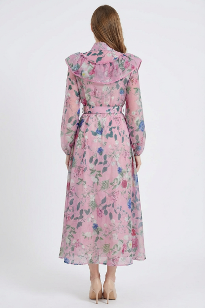 Floral Frill Midi Dress With Belt