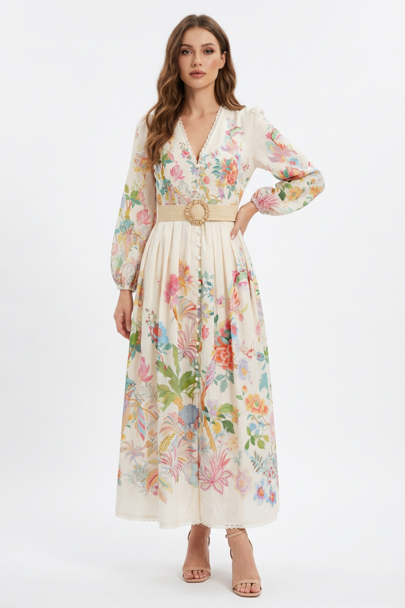 Floral Lace Midi Dress With Belt