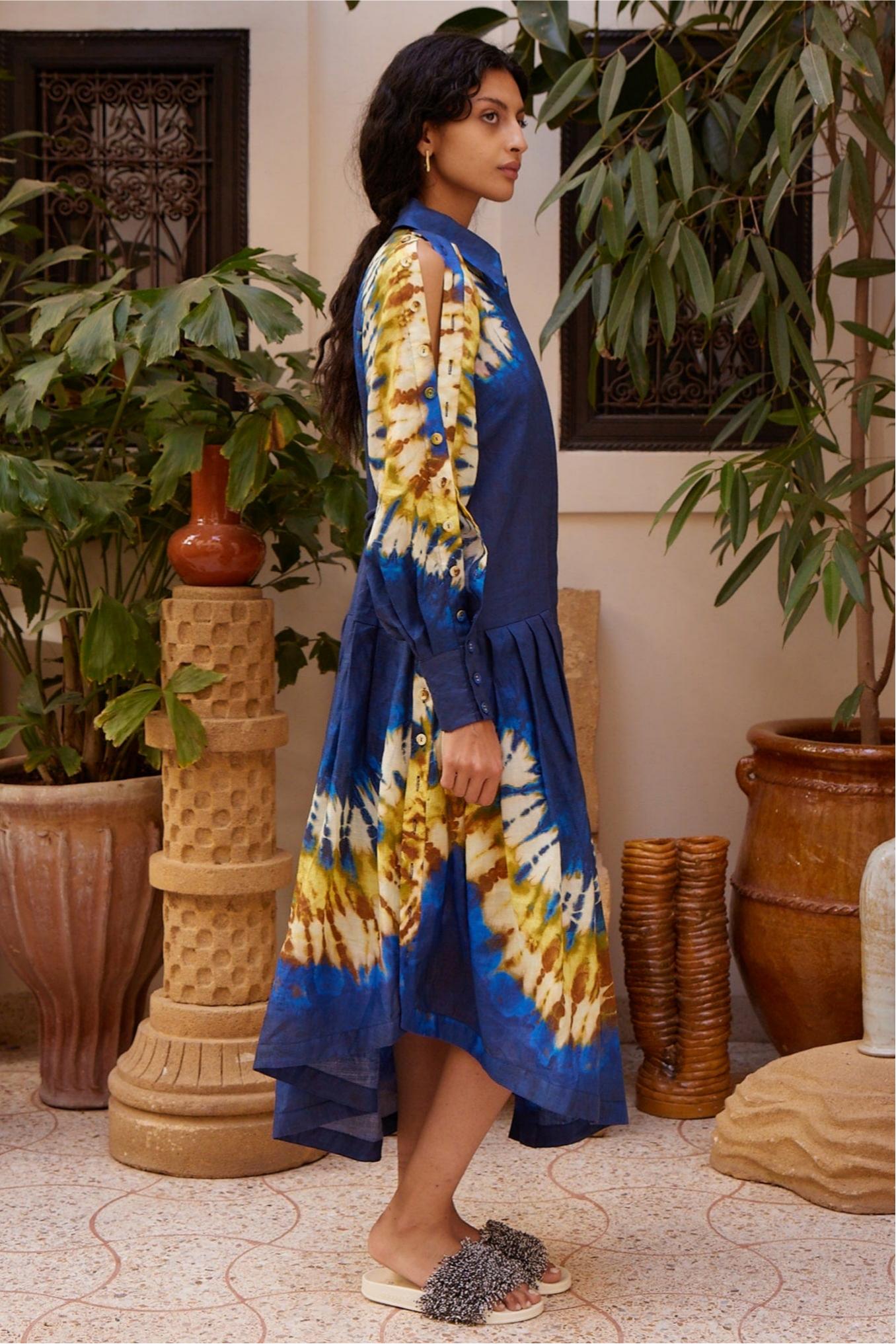 Tie Dye Pleated Button Midi Dress