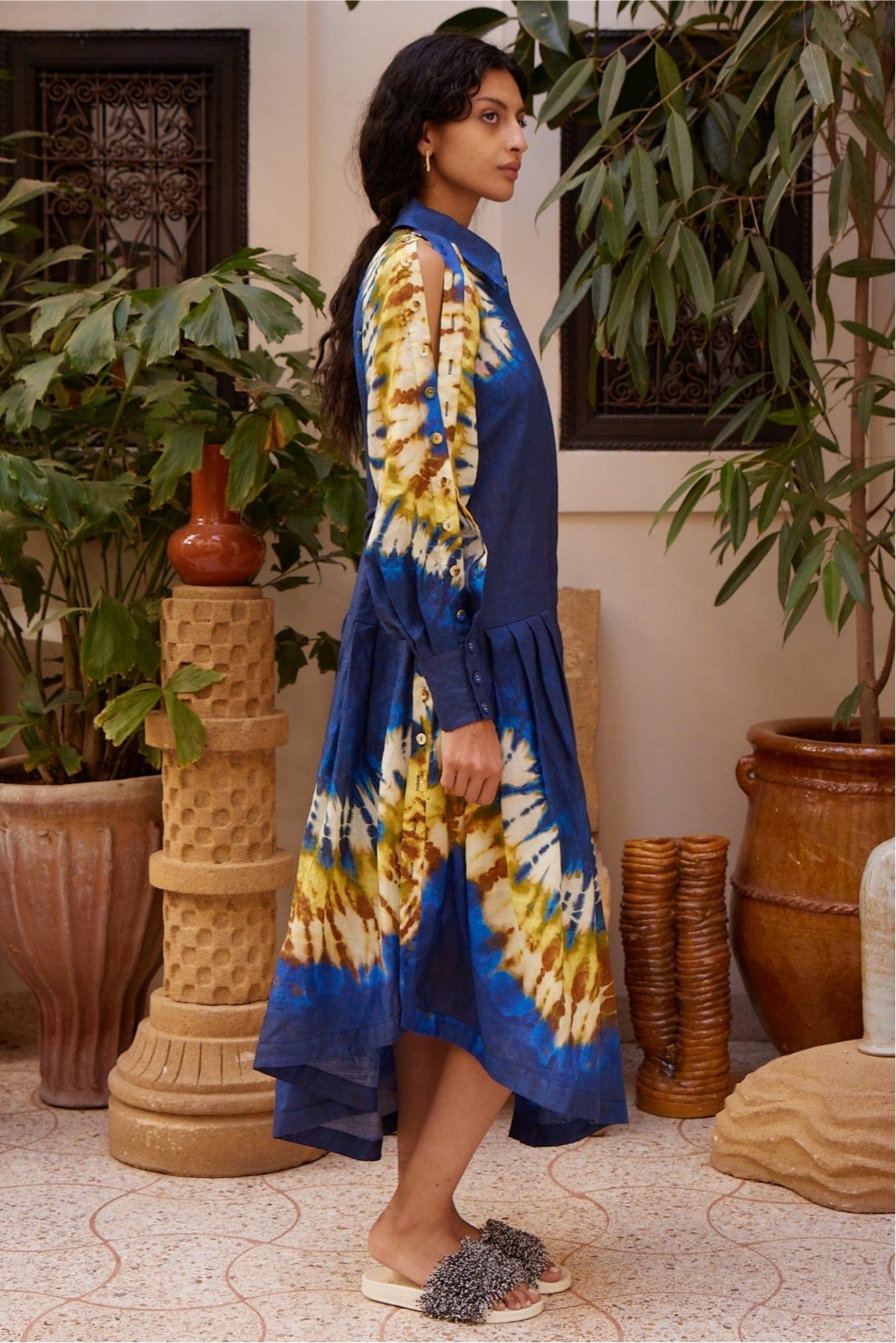 Tie Dye Pleated Button Midi Dress