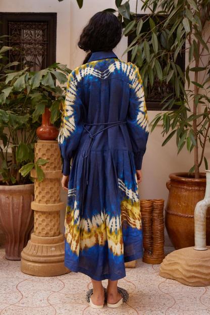 Tie Dye Pleated Button Midi Dress