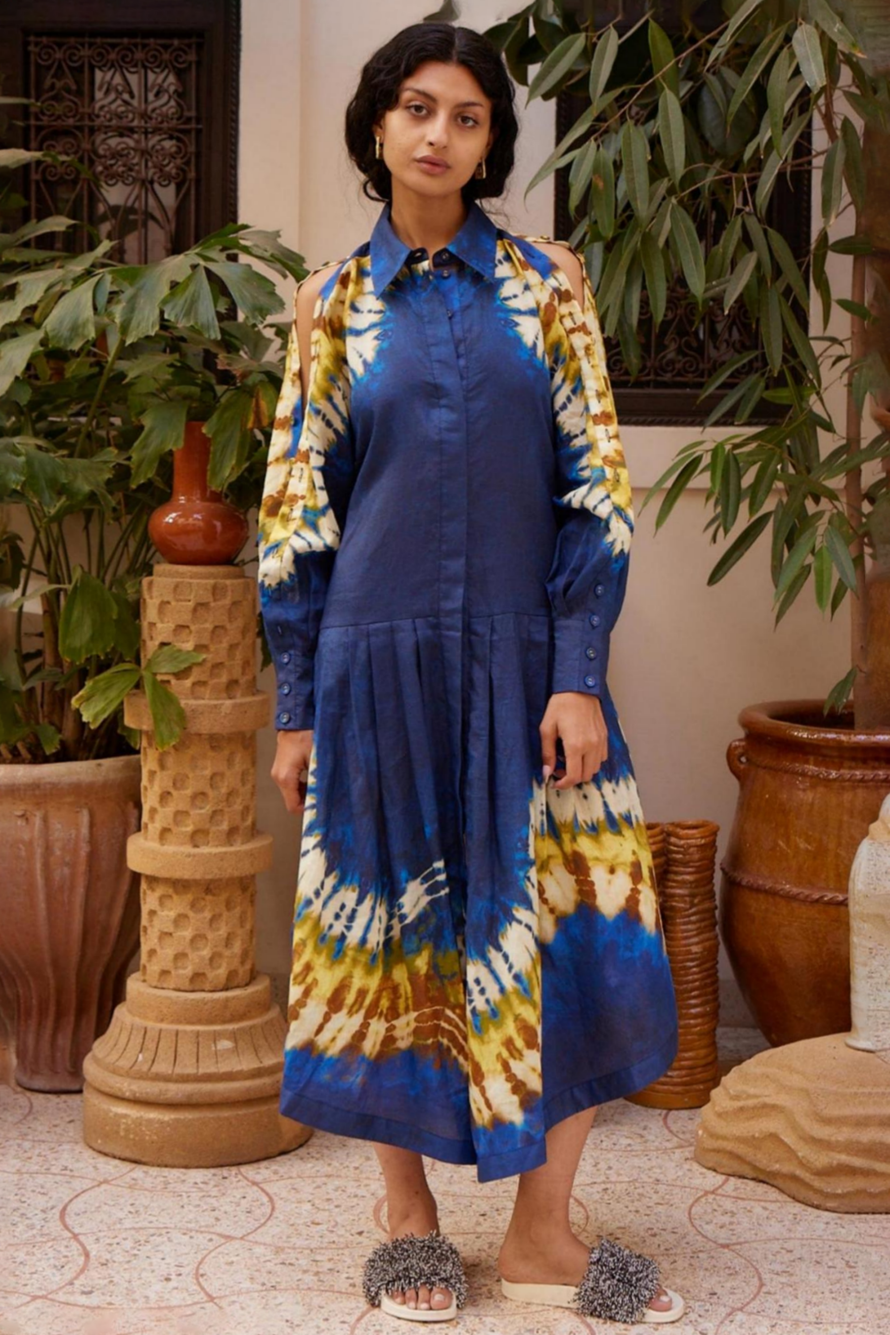 Tie Dye Pleated Button Midi Dress