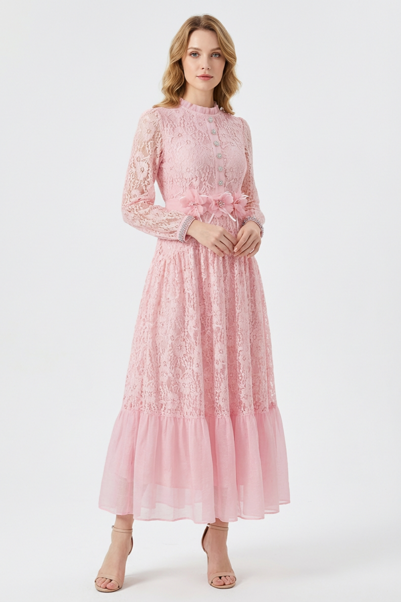 Lace 3D Flower Rhinestone Rivets Midi Dress