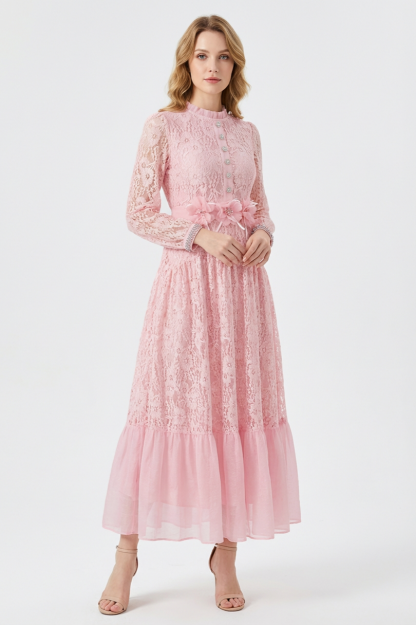 Lace 3D Flower Rhinestone Rivets Midi Dress