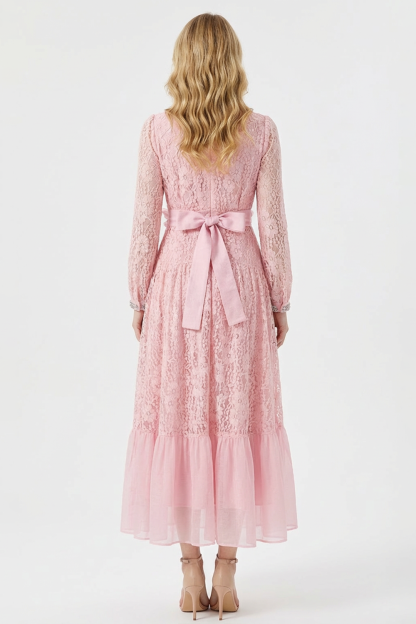 Lace 3D Flower Rhinestone Rivets Midi Dress