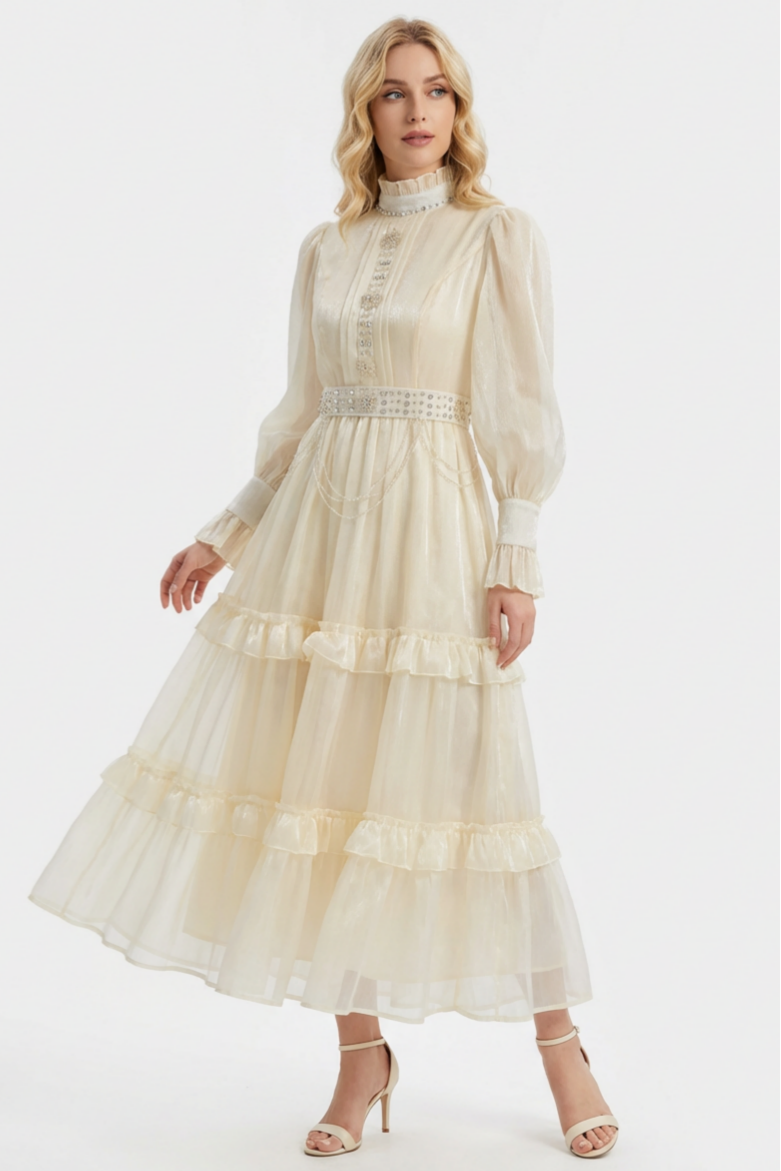 Beaded Stand Collar Midi Dress With Belt